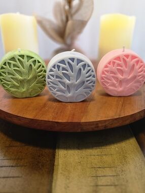 Decorative Tree Of Life Round Candle - Green, White, Pink